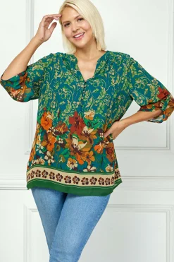 3/4 Tab Sleeve Mandarin Collar Print Blouse in Teal/Orange - Plus