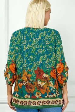 3/4 Tab Sleeve Mandarin Collar Print Blouse in Teal/Orange - Plus