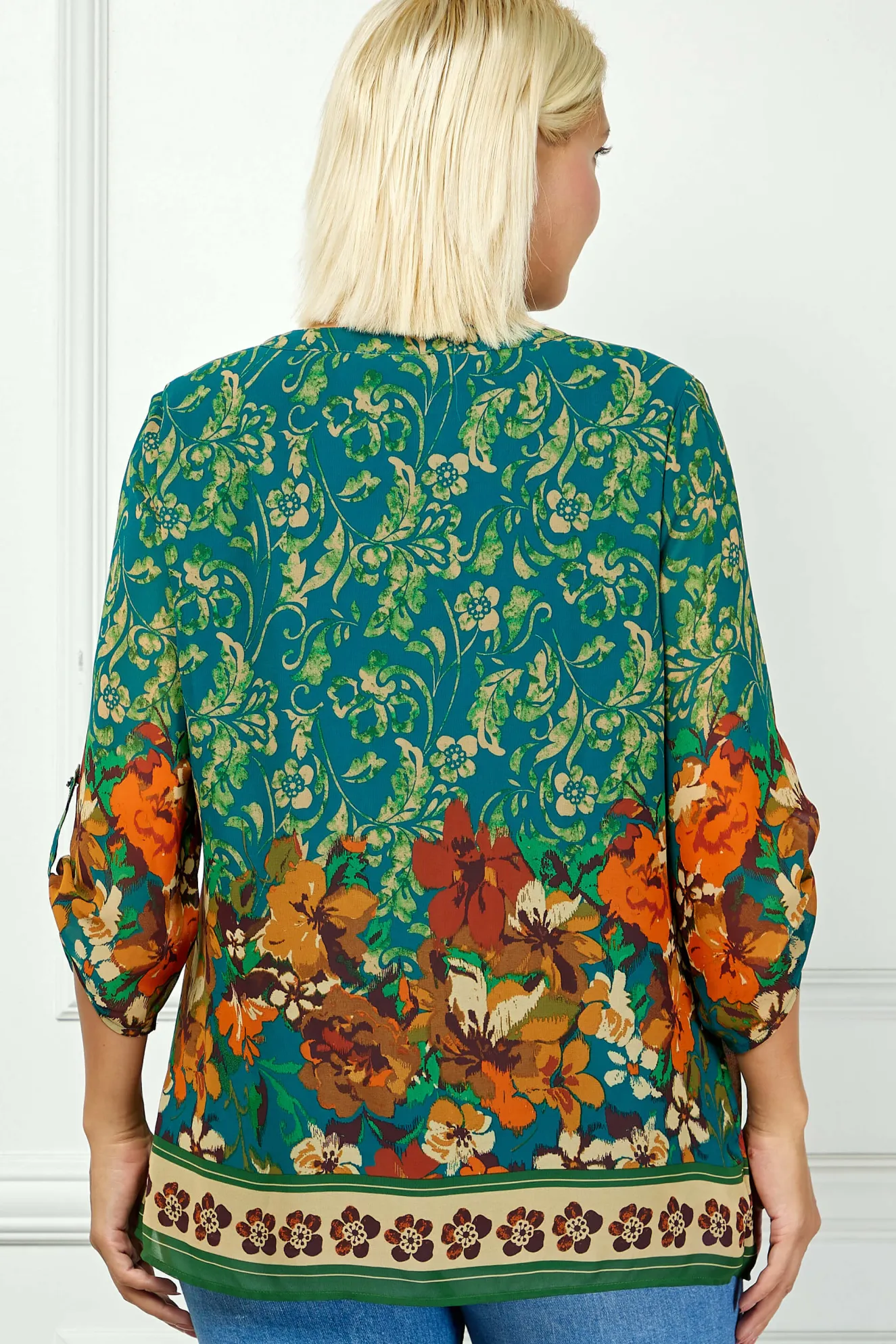 3/4 Tab Sleeve Mandarin Collar Print Blouse in Teal/Orange - Plus