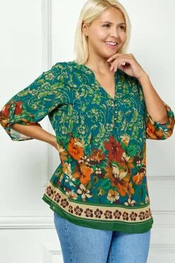 3/4 Tab Sleeve Mandarin Collar Print Blouse in Teal/Orange - Plus