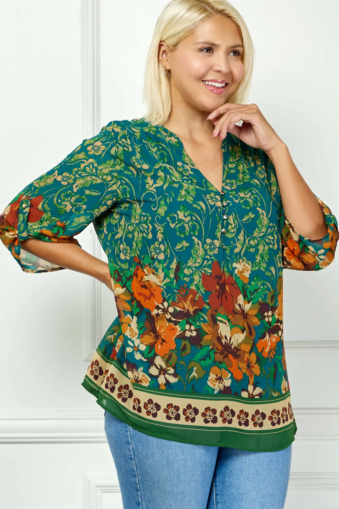 3/4 Tab Sleeve Mandarin Collar Print Blouse in Teal/Orange - Plus