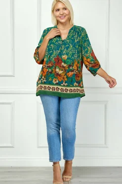 3/4 Tab Sleeve Mandarin Collar Print Blouse in Teal/Orange - Plus
