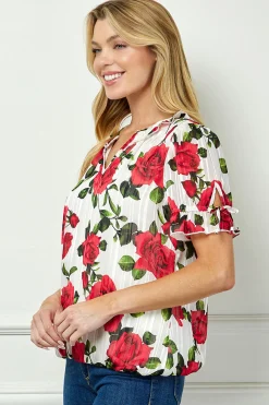 Tie Neck Ruffle Sleeve Bubble Blouse in Ivory/Red