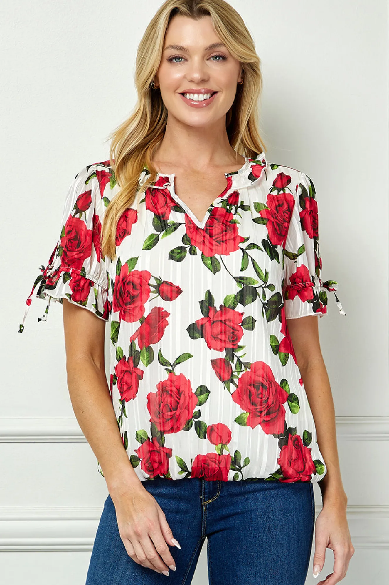 Tie Neck Ruffle Sleeve Bubble Blouse in Ivory/Red