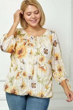 3/4 Tie Sleeve Pleat Neck Bubble Blouse in Yellow Pansy - Plus