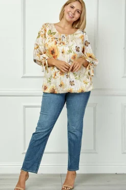 3/4 Tie Sleeve Pleat Neck Bubble Blouse in Yellow Pansy - Plus