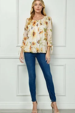3/4 Tie Sleeve Pleat Neck Bubble Blouse in Yellow Pansy