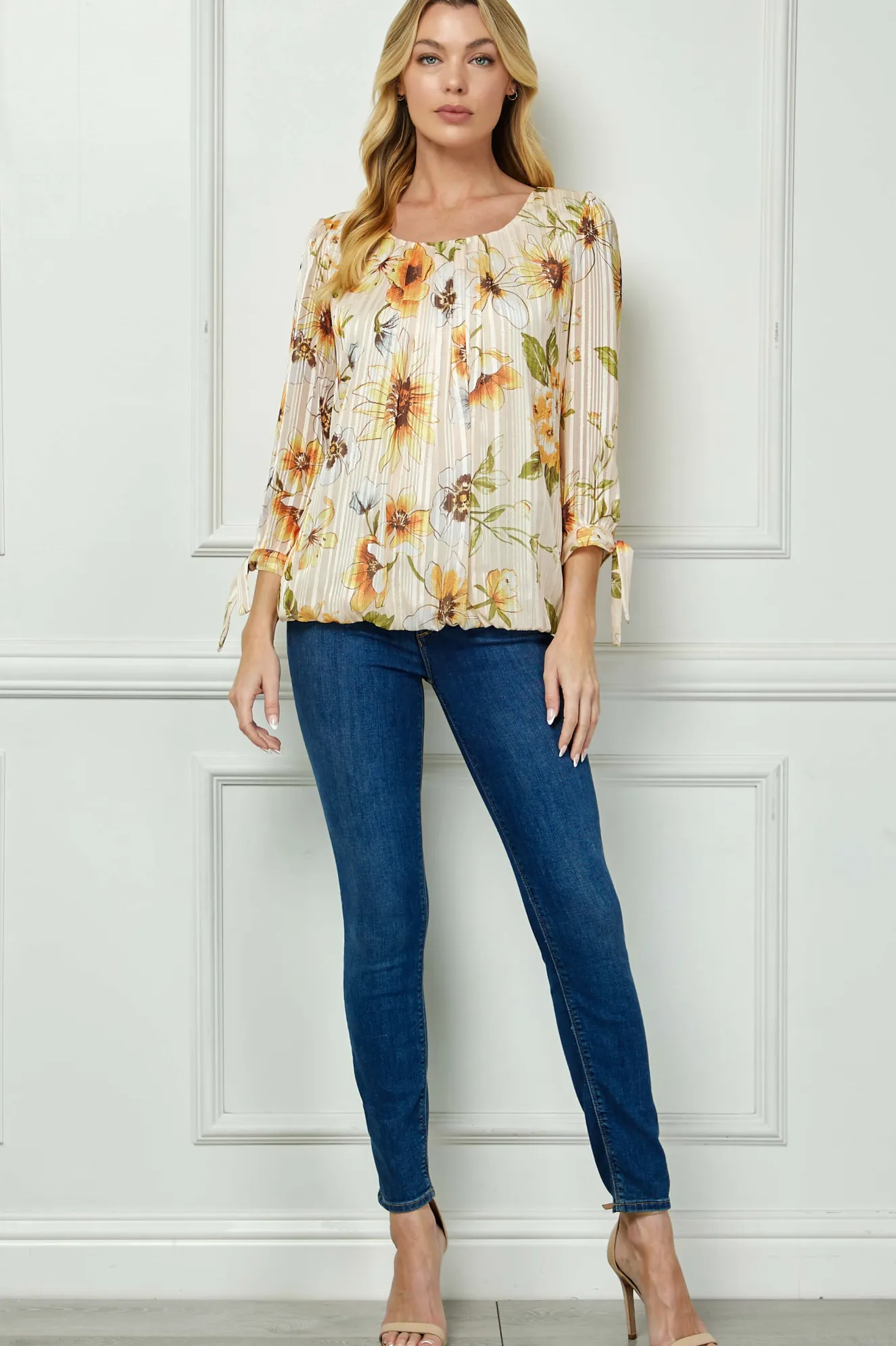 3/4 Tie Sleeve Pleat Neck Bubble Blouse in Yellow Pansy