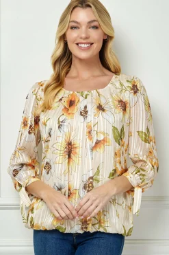 3/4 Tie Sleeve Pleat Neck Bubble Blouse in Yellow Pansy