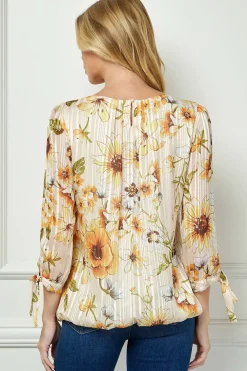 3/4 Tie Sleeve Pleat Neck Bubble Blouse in Yellow Pansy
