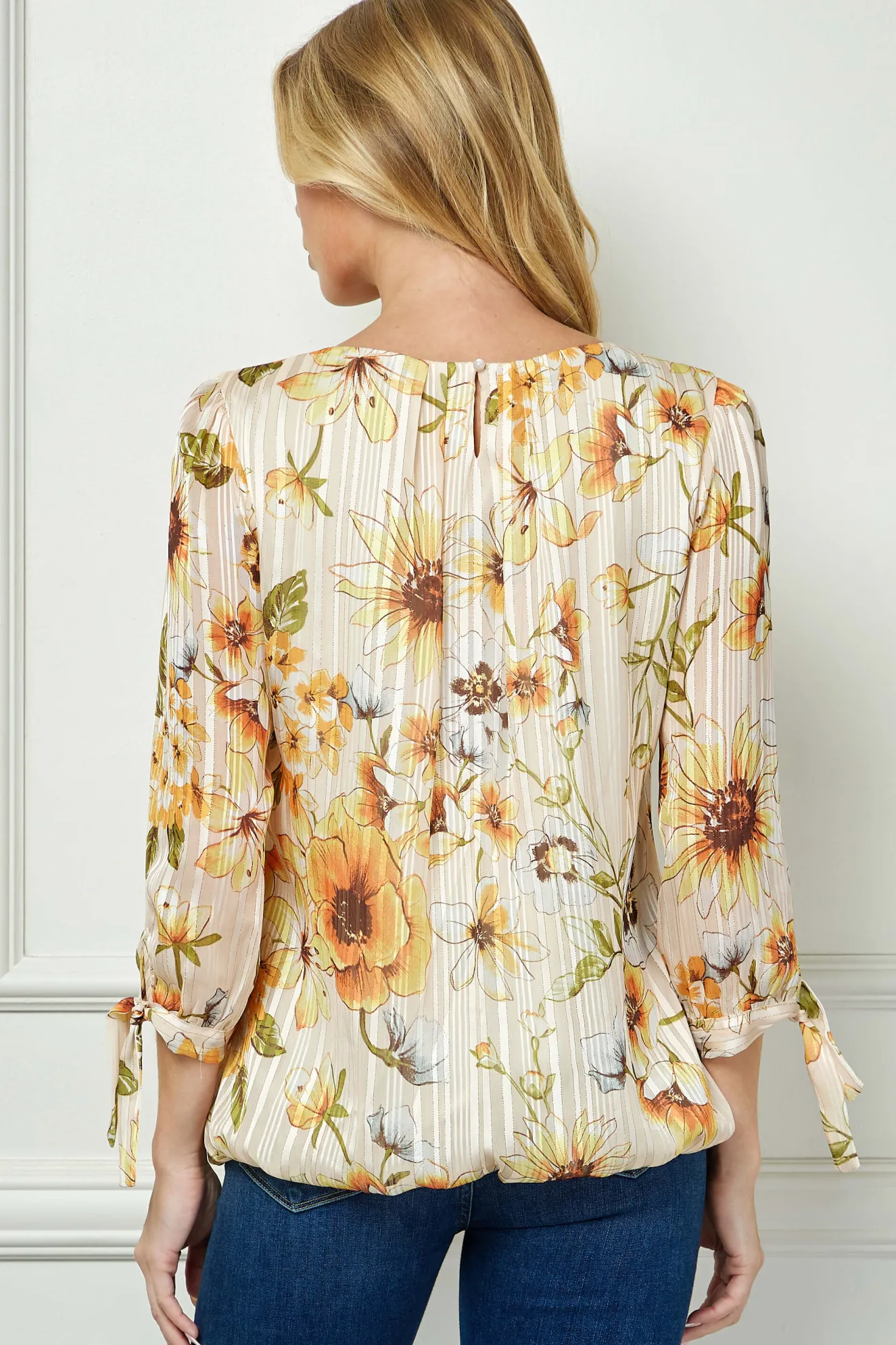 3/4 Tie Sleeve Pleat Neck Bubble Blouse in Yellow Pansy