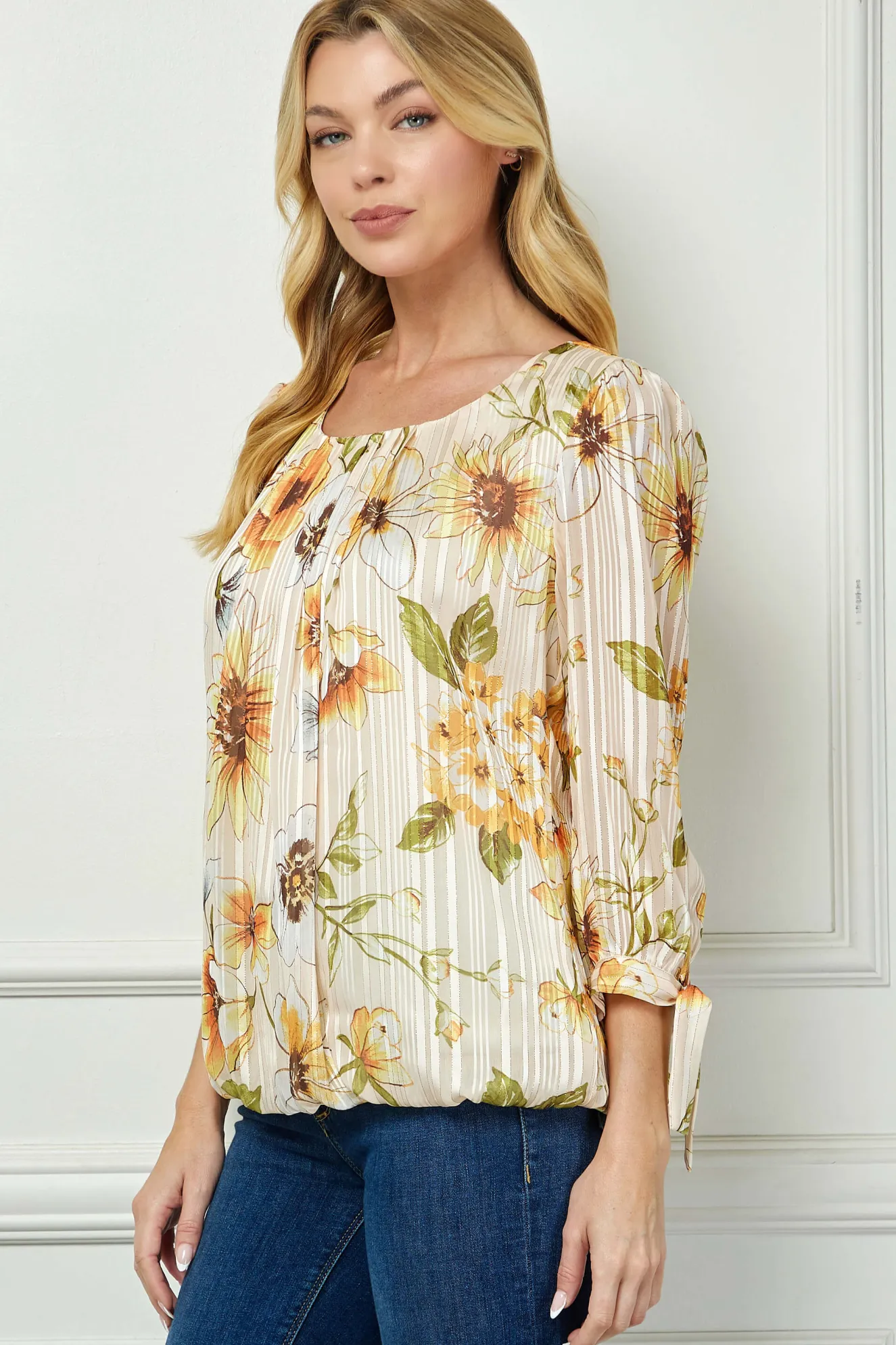 3/4 Tie Sleeve Pleat Neck Bubble Blouse in Yellow Pansy