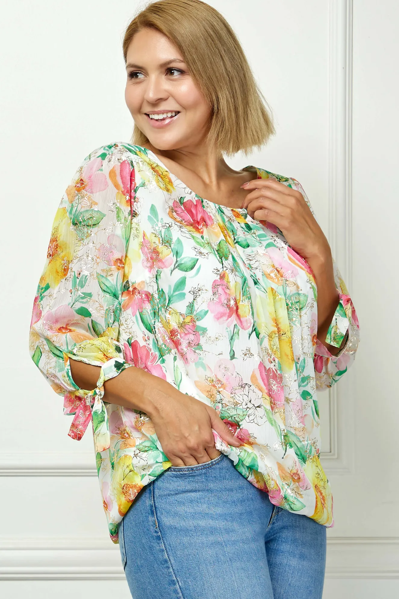 3/4 Tie Sleeve Pleat Neck Floral Foil Bubble Blouse in White/Pink/Green Multi - Plus