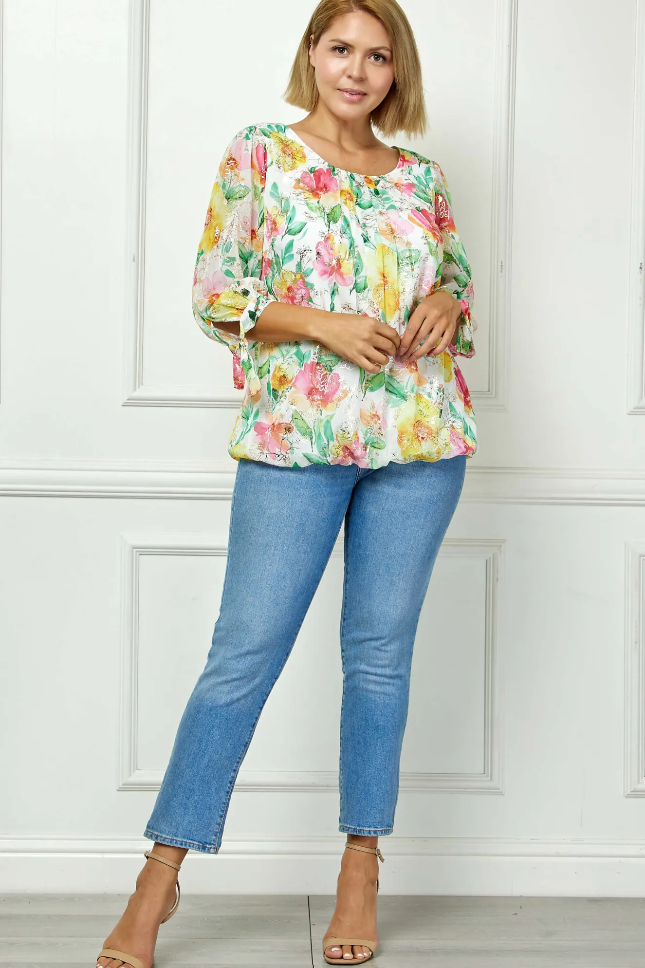 3/4 Tie Sleeve Pleat Neck Floral Foil Bubble Blouse in White/Pink/Green Multi - Plus