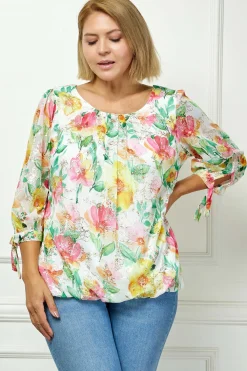 3/4 Tie Sleeve Pleat Neck Floral Foil Bubble Blouse in White/Pink/Green Multi - Plus