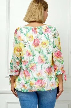 3/4 Tie Sleeve Pleat Neck Floral Foil Bubble Blouse in White/Pink/Green Multi - Plus