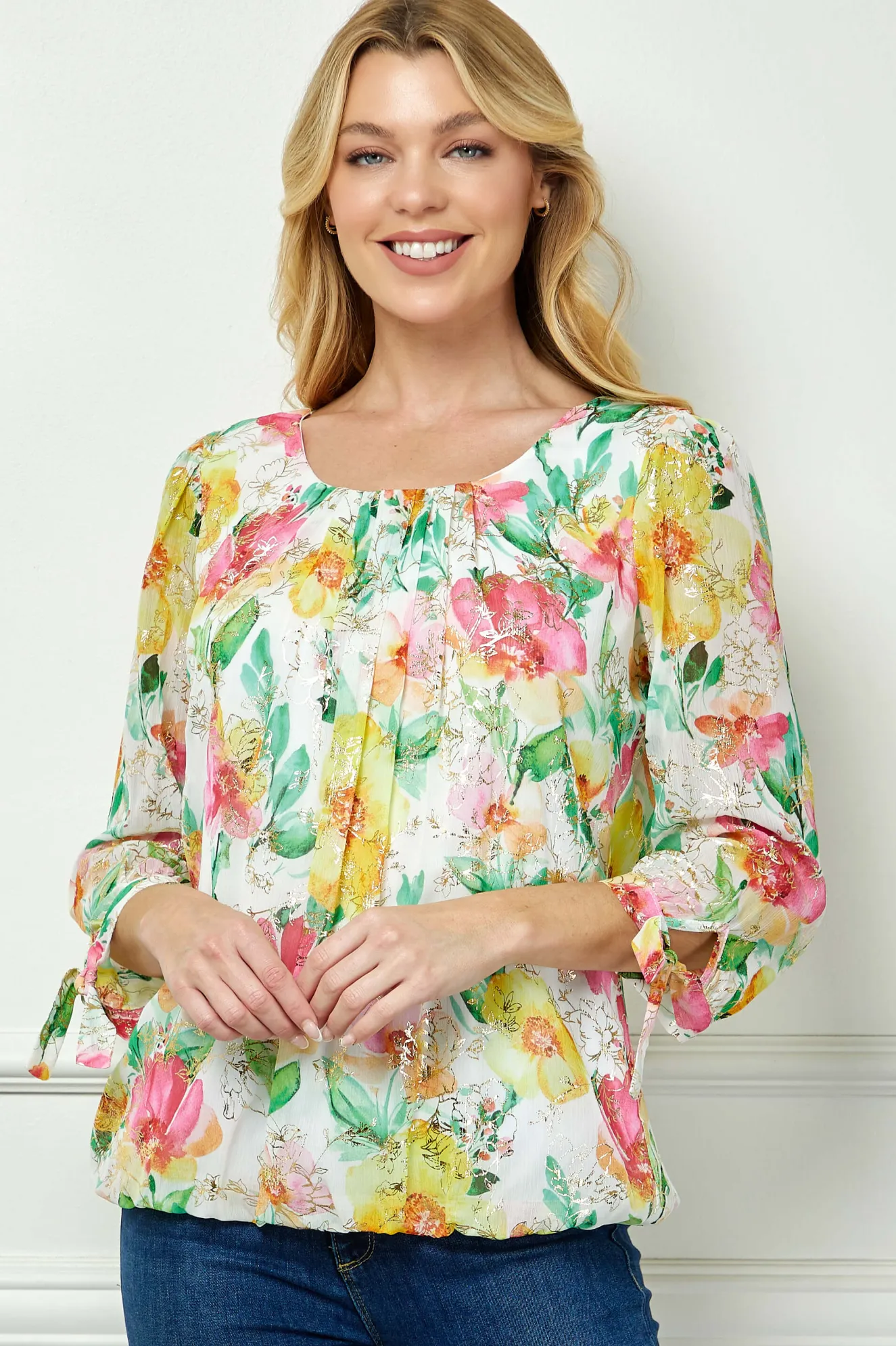 3/4 Tie Sleeve Pleat Neck Floral Foil Bubble Blouse in White/Pink/Green Multi