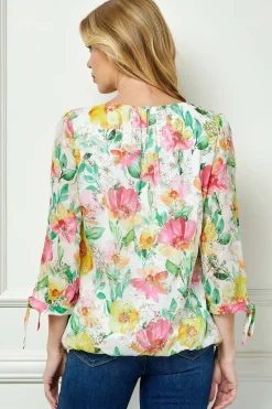 3/4 Tie Sleeve Pleat Neck Floral Foil Bubble Blouse in White/Pink/Green Multi