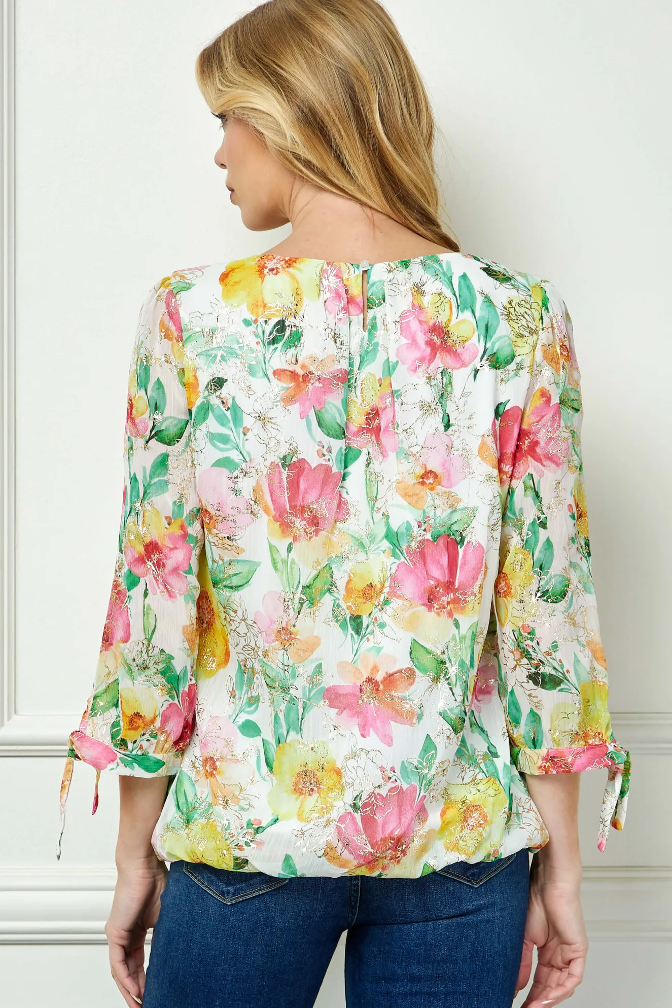 3/4 Tie Sleeve Pleat Neck Floral Foil Bubble Blouse in White/Pink/Green Multi