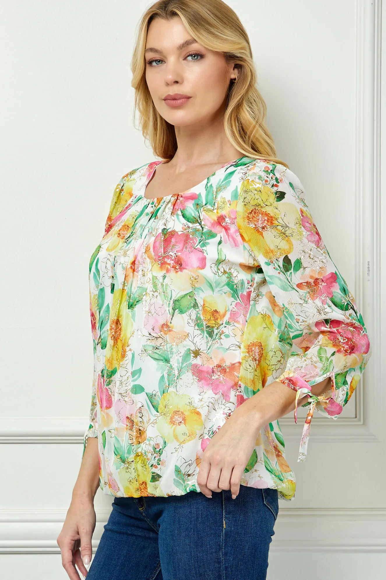 3/4 Tie Sleeve Pleat Neck Floral Foil Bubble Blouse in White/Pink/Green Multi