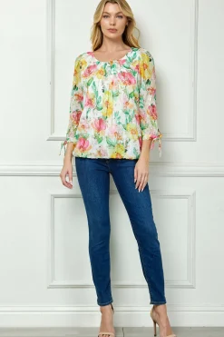 3/4 Tie Sleeve Pleat Neck Floral Foil Bubble Blouse in White/Pink/Green Multi