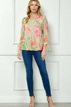 3/4 Tie Sleeve Pleat Neck Floral Foil Bubble Blouse in Sage/Pink Watercolor