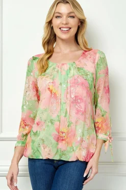 3/4 Tie Sleeve Pleat Neck Floral Foil Bubble Blouse in Sage/Pink Watercolor