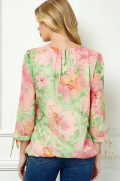3/4 Tie Sleeve Pleat Neck Floral Foil Bubble Blouse in Sage/Pink Watercolor