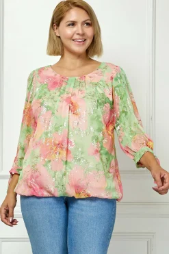 3/4 Tie Sleeve Pleat Neck Floral Foil Bubble Blouse in Sage/Pink Watercolor - Plus