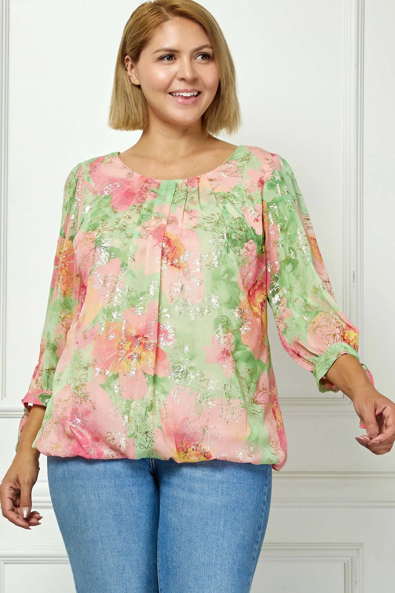 3/4 Tie Sleeve Pleat Neck Floral Foil Bubble Blouse in Sage/Pink Watercolor - Plus