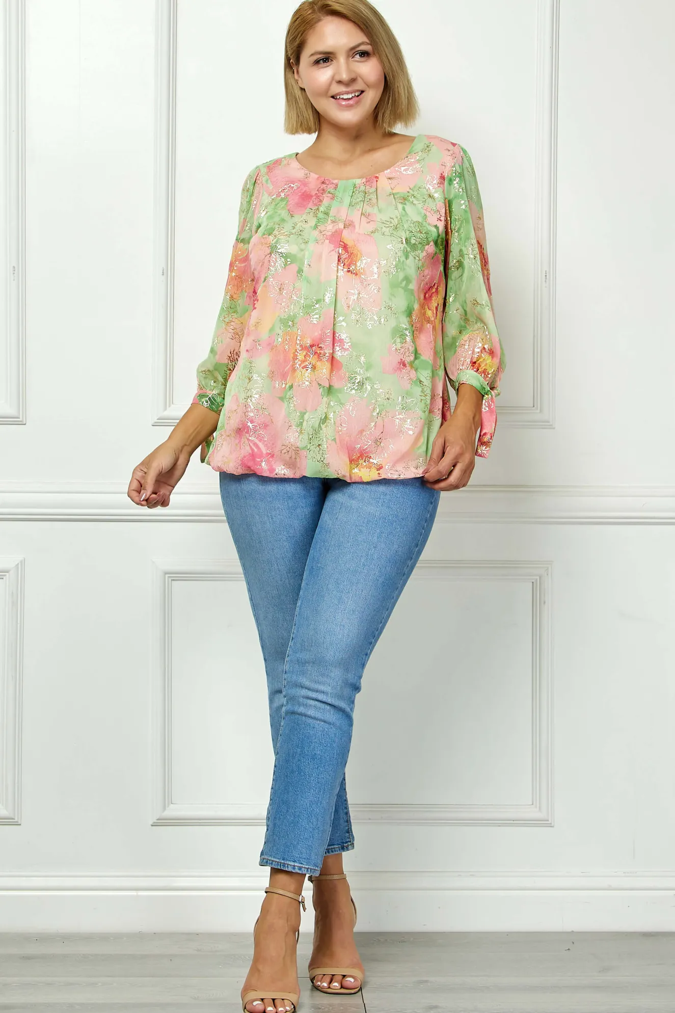 3/4 Tie Sleeve Pleat Neck Floral Foil Bubble Blouse in Sage/Pink Watercolor - Plus