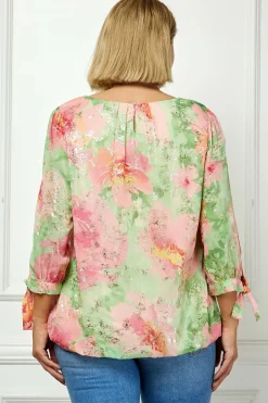 3/4 Tie Sleeve Pleat Neck Floral Foil Bubble Blouse in Sage/Pink Watercolor - Plus