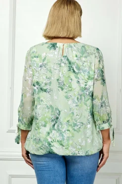 3/4 Tie Sleeve Pleat Neck Floral Foil Bubble Blouse in Sage/Cream Watercolor - Plus