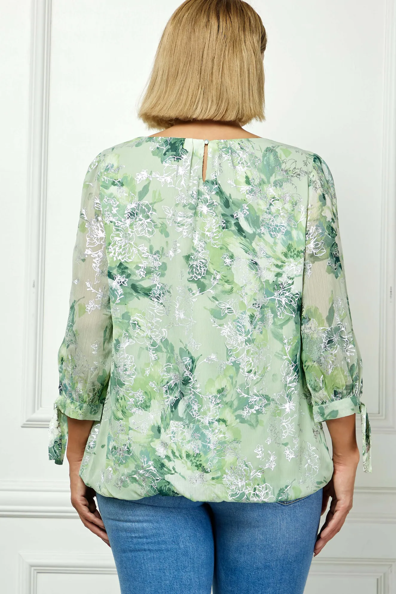 3/4 Tie Sleeve Pleat Neck Floral Foil Bubble Blouse in Sage/Cream Watercolor - Plus