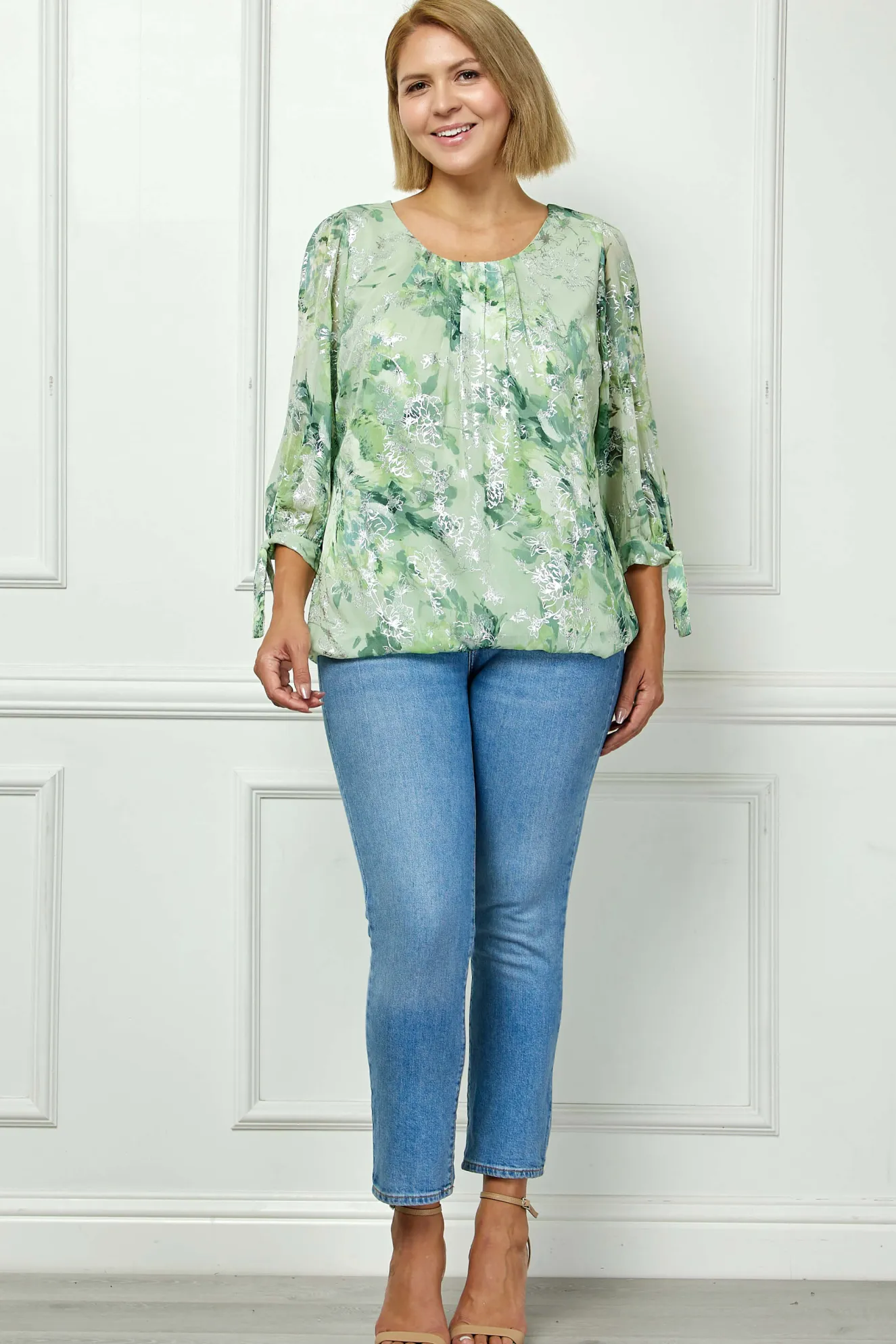 3/4 Tie Sleeve Pleat Neck Floral Foil Bubble Blouse in Sage/Cream Watercolor - Plus