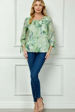 3/4 Tie Sleeve Pleat Neck Floral Foil Bubble Blouse in Sage/Cream Watercolor