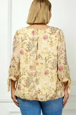3/4 Tie Sleeve Pleat Neck Studded Bubble Blouse in Yellow Floral - Plus