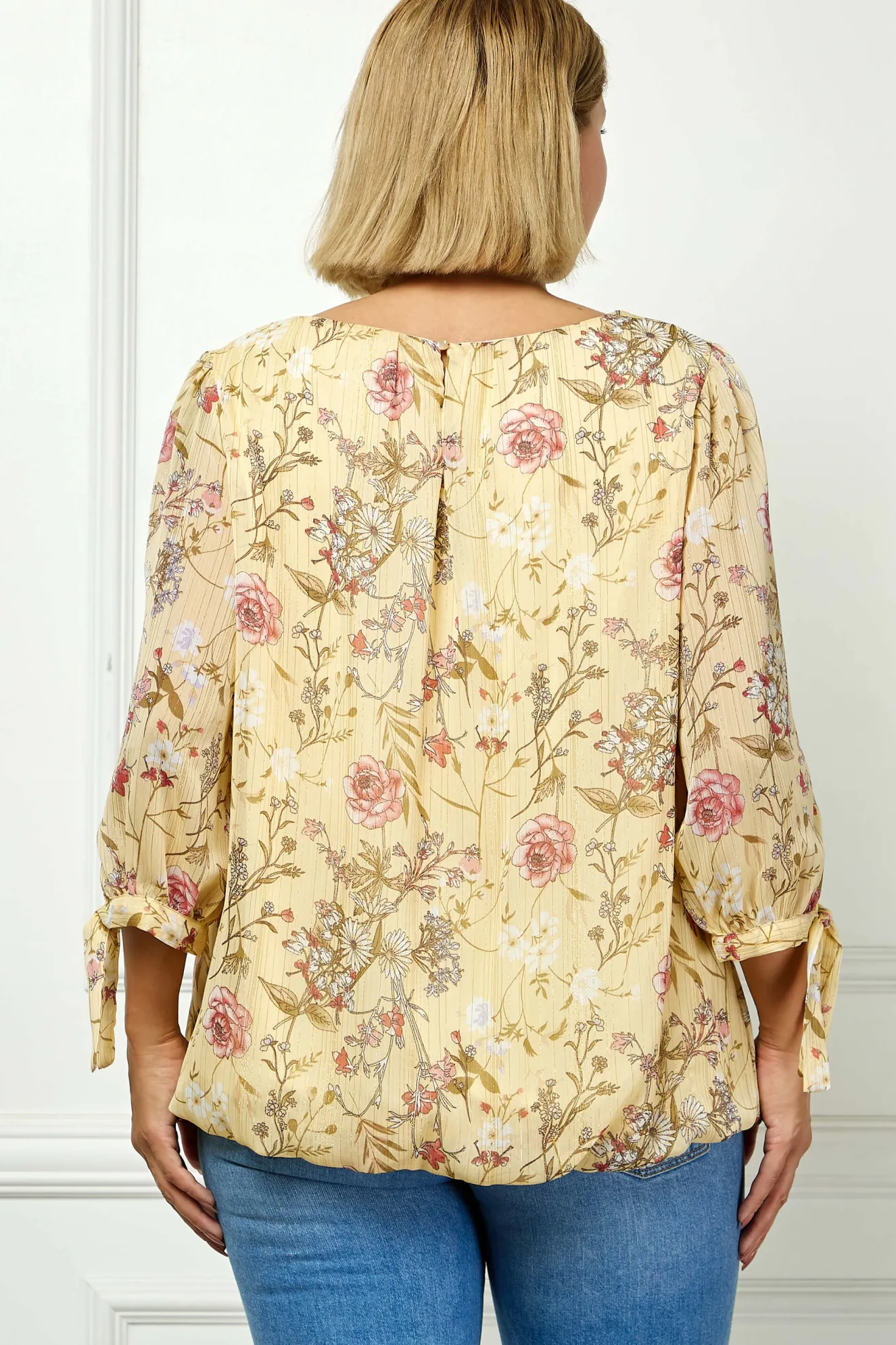 3/4 Tie Sleeve Pleat Neck Studded Bubble Blouse in Yellow Floral - Plus