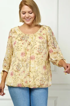 3/4 Tie Sleeve Pleat Neck Studded Bubble Blouse in Yellow Floral - Plus