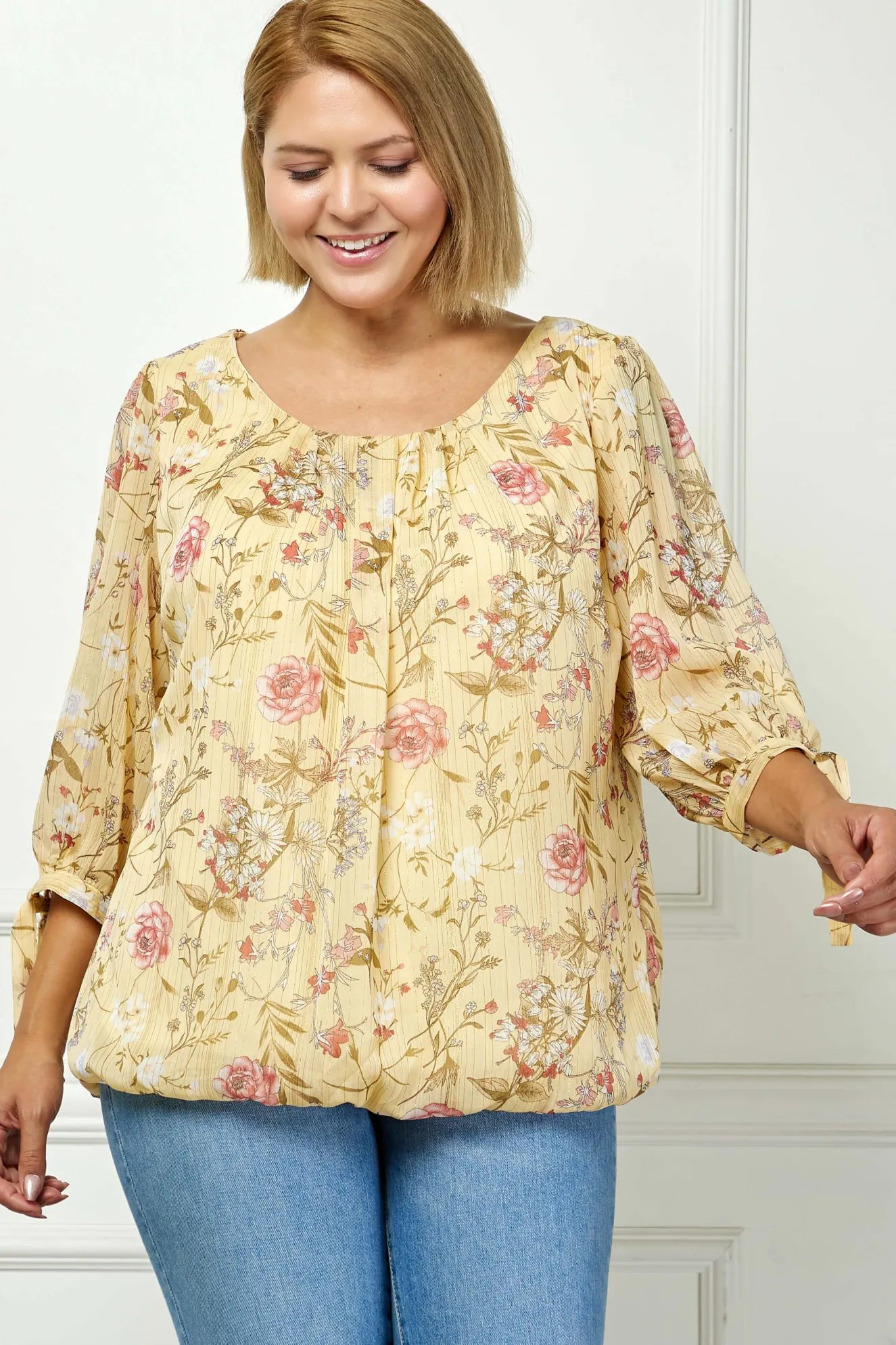 3/4 Tie Sleeve Pleat Neck Studded Bubble Blouse in Yellow Floral - Plus