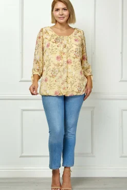 3/4 Tie Sleeve Pleat Neck Studded Bubble Blouse in Yellow Floral - Plus