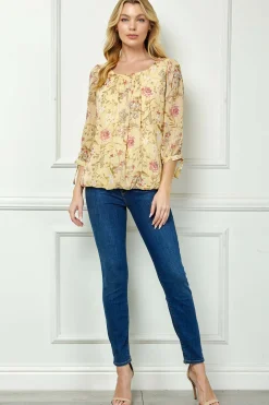 3/4 Tie Sleeve Pleat Neck Studded Bubble Blouse in Yellow Floral
