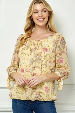 3/4 Tie Sleeve Pleat Neck Studded Bubble Blouse in Yellow Floral