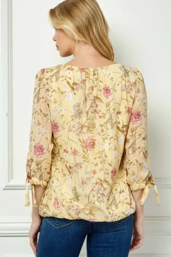 3/4 Tie Sleeve Pleat Neck Studded Bubble Blouse in Yellow Floral