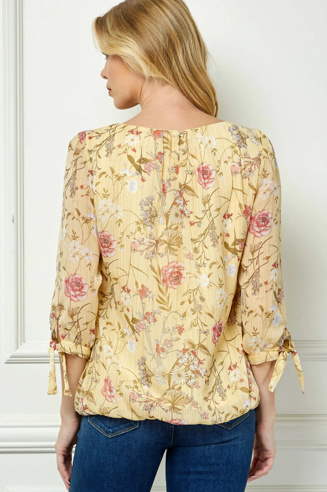 3/4 Tie Sleeve Pleat Neck Studded Bubble Blouse in Yellow Floral