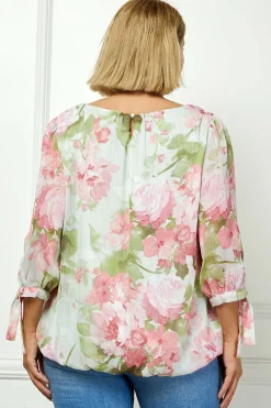 3/4 Tie Sleeve Pleat Neck Studded Bubble Blouse in Sage Watercolor - Plus