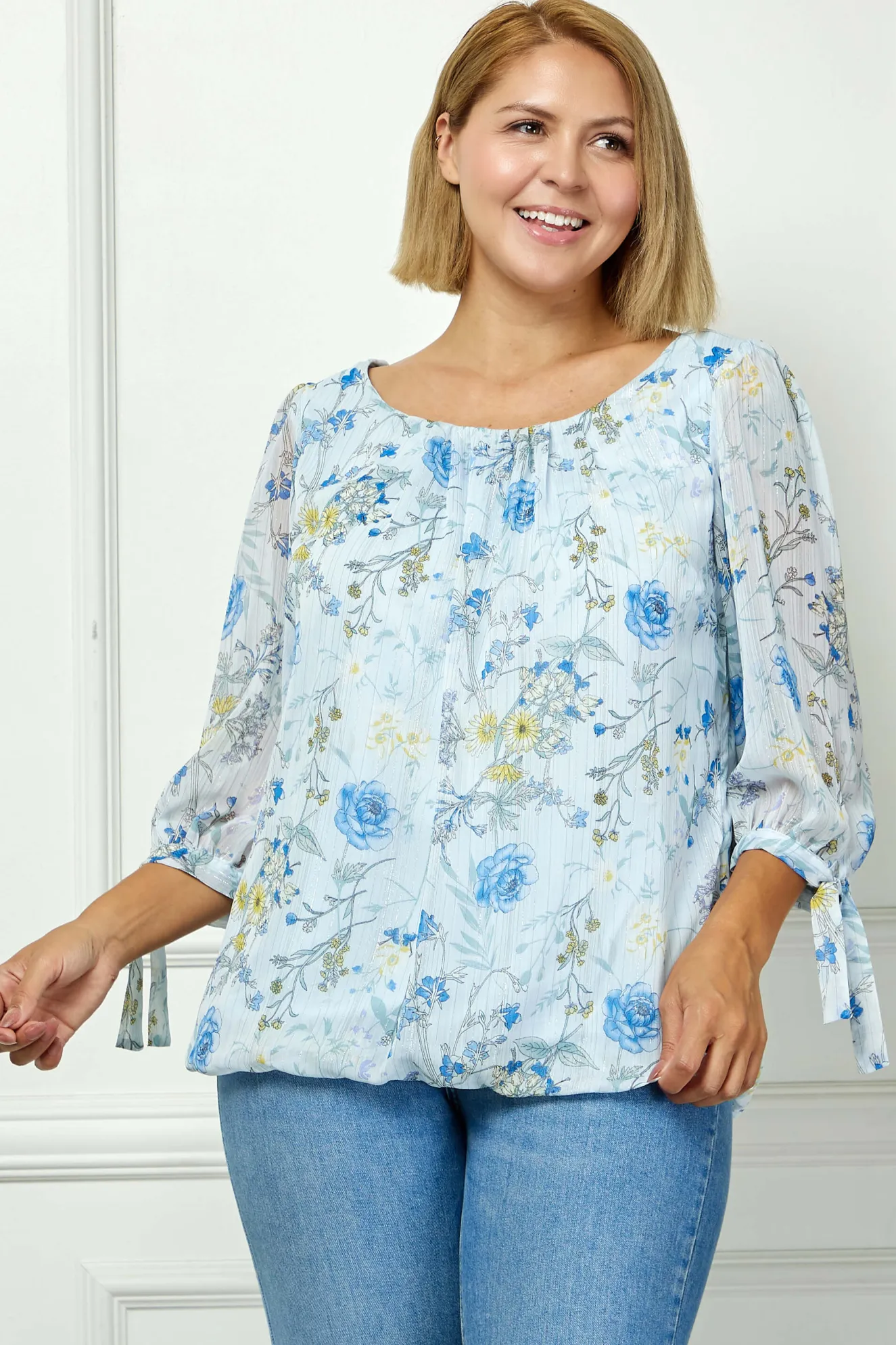3/4 Tie Sleeve Pleat Neck Studded Bubble Blouse in Light Blue Floral - Plus