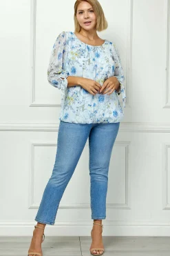 3/4 Tie Sleeve Pleat Neck Studded Bubble Blouse in Light Blue Floral - Plus