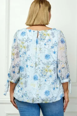 3/4 Tie Sleeve Pleat Neck Studded Bubble Blouse in Light Blue Floral - Plus