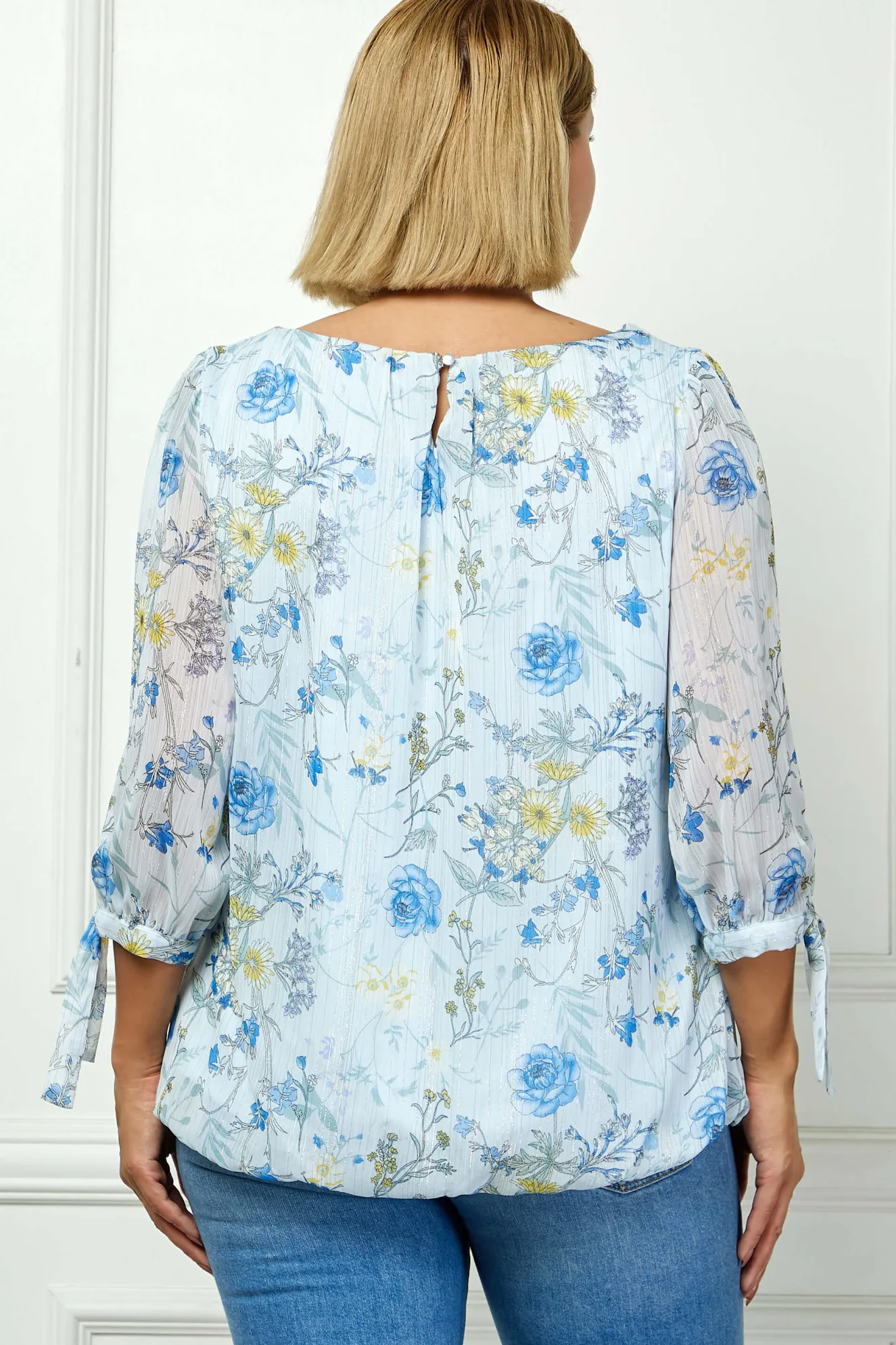 3/4 Tie Sleeve Pleat Neck Studded Bubble Blouse in Light Blue Floral - Plus